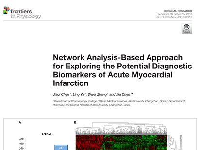 Chen J, et al. Network analysis-based approach for exploring the potential diagnostic biomarkers of acute myocardial infarction. Front Physiol.?2016 Dec 9;7:615. (IF=4.031)