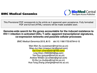 Xu W, et al. Genome-wide?search?for the?genes?accountable?for the induced resistance to HIV-1?infection in activated CD4+ T cells: apparent transcriptional signatures, co-expression networks and possible cellular processes. BMC Med Genomics.?2013 May?1;6: